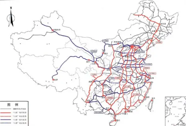 中国五纵三横八条铁路的交点及分布 最好有图